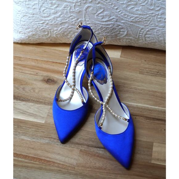 Rene Caovilla Dress Pointed Toe Stiletto Heels Chain Ankle Strap Blue Size 38.5 - Picture 3 of 13